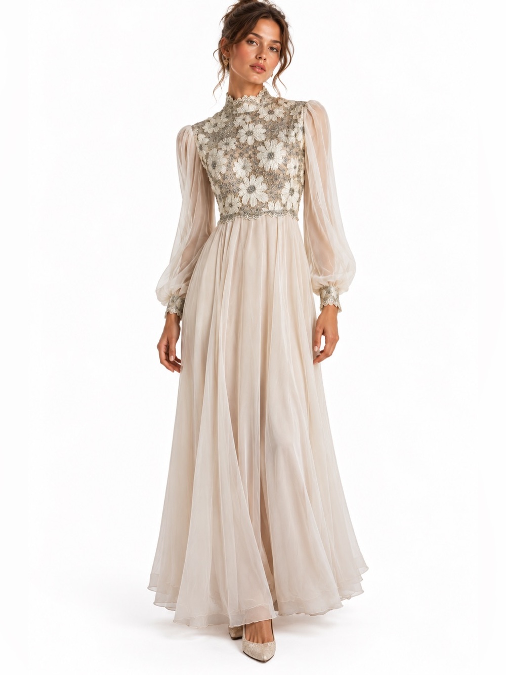VINTAGE 80's Renaissance Embroidered Ivory & Silver Long Sleeve Evening Dress